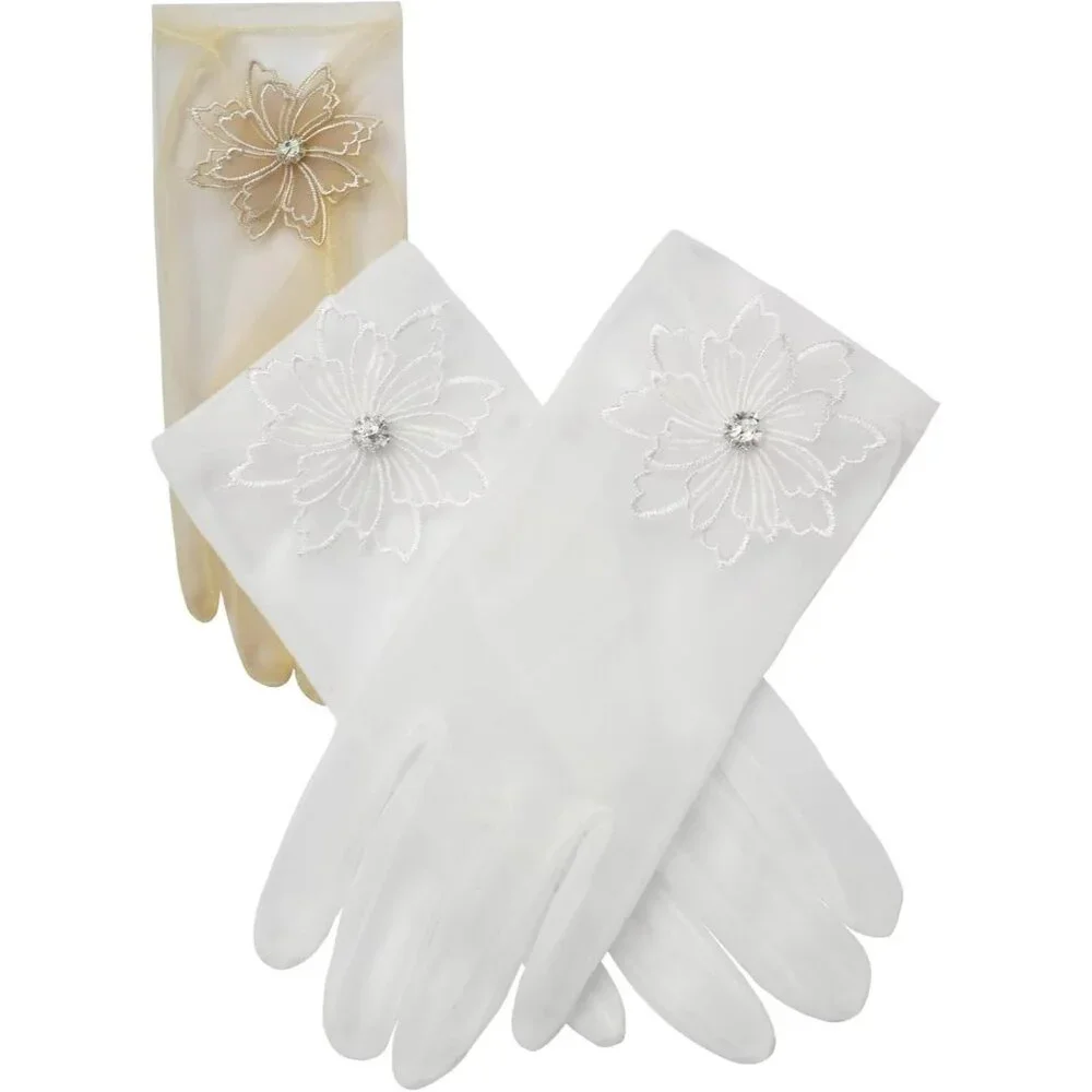 Women's Floral Royal Blue Diamond Flower Gloves Tulle Tea Opera Party Elegant